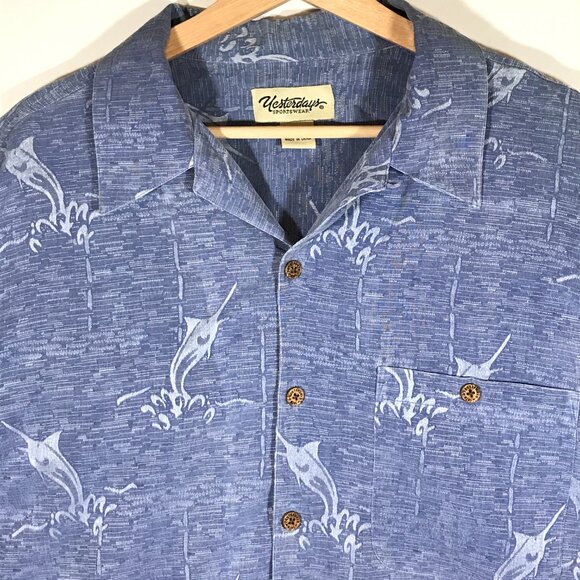 Yesterdays Sportswear Men's X-Large Blue Silk Short Sleeve Button Up Loop Collar - Picture 2 of 8